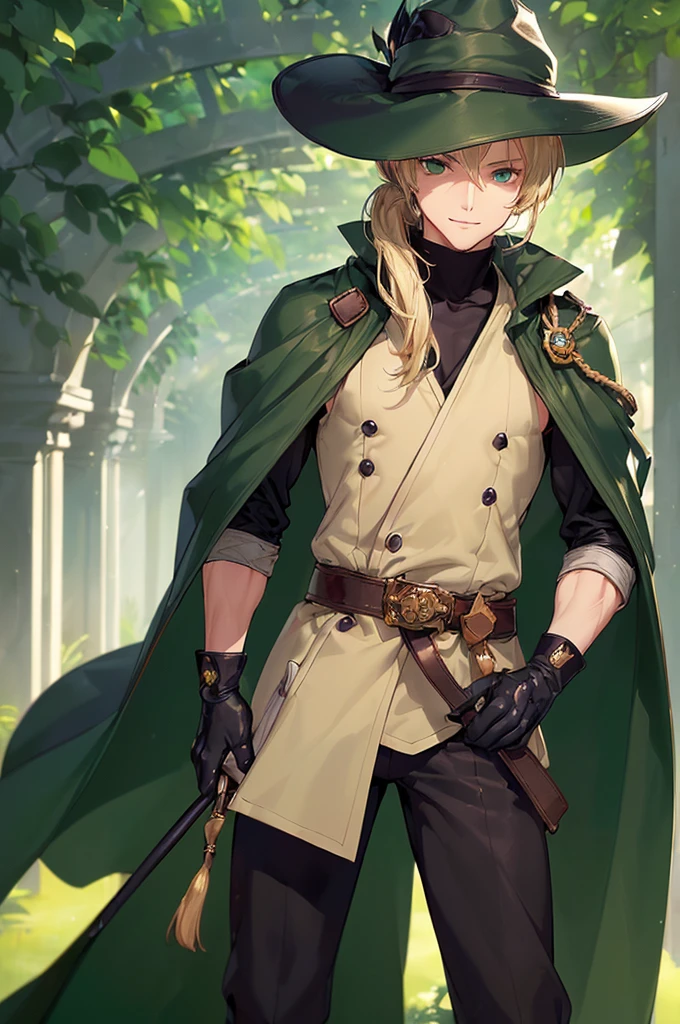 (((masterpiece; best quality: 1.2))), (finely detailed eyes: 1.3), (25 year old elf man), (solo), (green eyes: 1.4), (body; toned, fit, masculine: 1.3), (silky blonde hair in low ponytail: 1.3), (beautiful and clear background: 1.2), ((depth of field)), (equipment: adventurer garb + modest + elegant wide-brimmed hunter hat + dark overcoat + dark long cape + black pants + gloves + belt + pouches: 1.3), (anime illustration: 1.2), (background composition; royal garden: 1.1), (extremely fine and handsome: 1.1), (shot composition; standing + centered on torso + close-up: 1.5), (expression; calm, smile: 1.2)