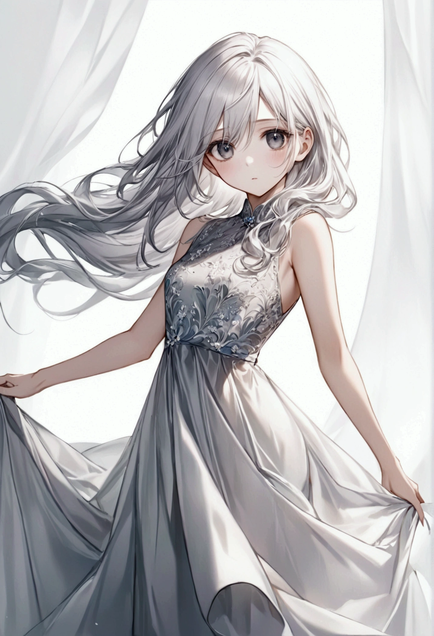 Long flowing white hair, expressive grey eyes, slim,elegant dress,8k, best quality, high resolution.
