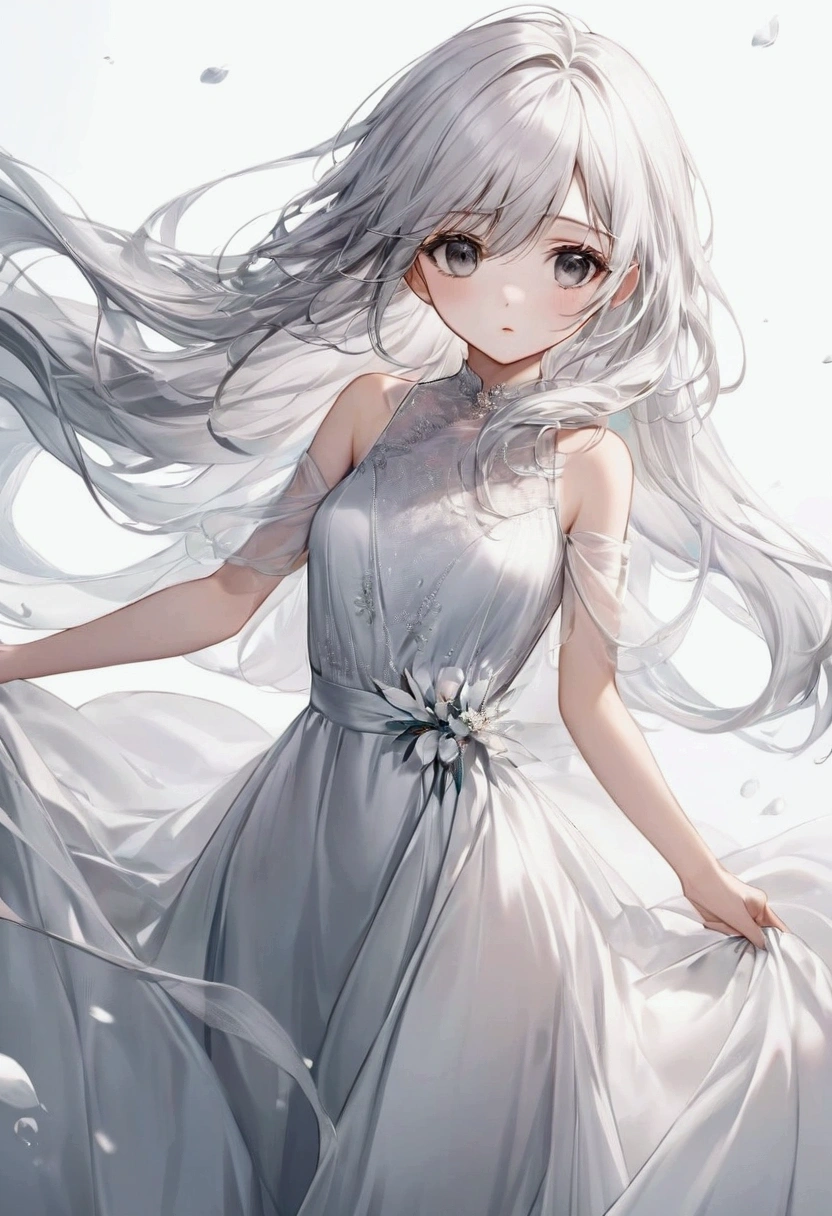 Long flowing white hair, expressive grey eyes, slim,elegant dress,8k, best quality, high resolution.