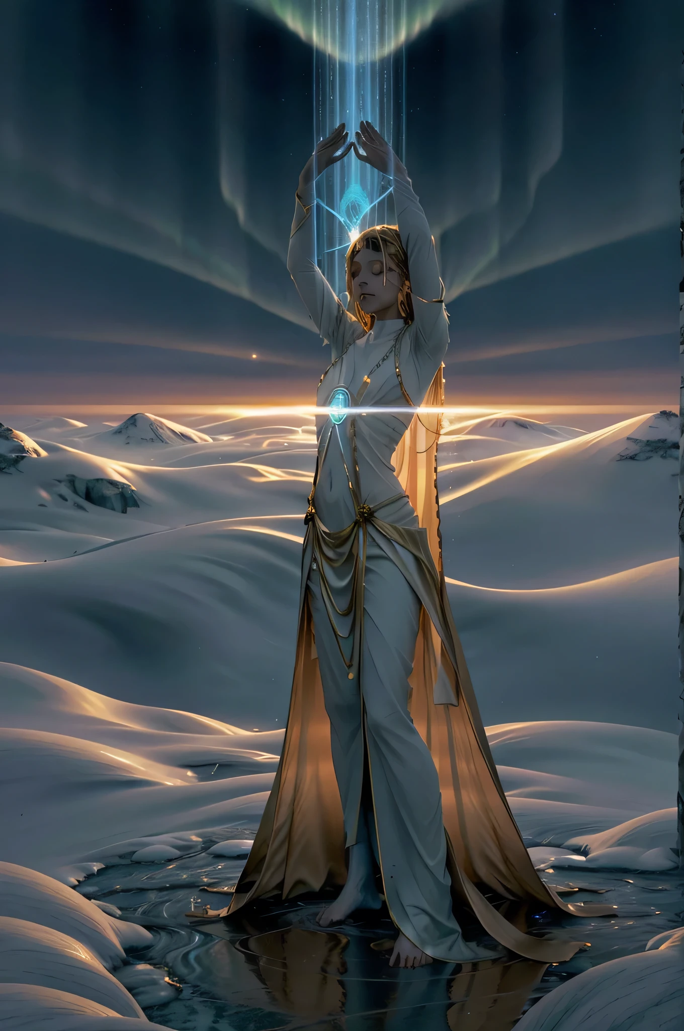 "Create an artistic image that represents the magical formula 'Absolvo Tactum Aurora' – 'I absolve the touch of the dawn.' The scene should capture the beauty and purity of dawn, with soft golden rays of light illuminating a serene landscape. The image should convey a sense of admiration, showing a mage in a reverent pose, raising their hands as they touch the dawn's light, purifying and elevating the tactile sensations of the moment. Add mystical elements like floating light particles and an ethereal aura around the mage, creating an atmosphere of tranquility and renewal. The color palette should include soft tones of gold, pink, and blue, evoking a sense of wonder and reverence."