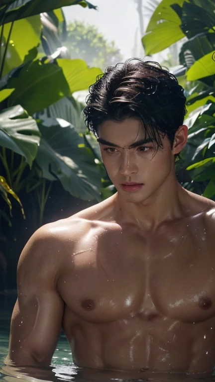 (best quality,4k,8k,highres,masterpiece:1.2),ultra-detailed,(realistic,photorealistic,photo-realistic:1.37),shirtless wet face and full body,sweat glistening on his skin,raindrops falling down his toned chest,rugged jawline,perfectly sculpted abs,rippling muscles,sinewy arms,light reflecting off his wet hair,dark intense eyes,piercing gaze,exuding confidence and allure,wet droplets on his full lips,determined expression,subtle shadows highlighting his facial features,glistening water droplets on his body,highlighting his defined physique,tattoos peeking out from beneath the wet skin,glistening sunlight filtering through the trees in the background,lush green foliage surrounding him,creating a serene and captivating atmosphere,dramatic lighting casting shadows on his chiseled face,emphasizing his strong features,creating a sense of mystery and intrigue,striking contrast between his wet skin and the dark background,contrasting textures of wetness and roughness,depicting his raw masculinity and power, full naked, big ass