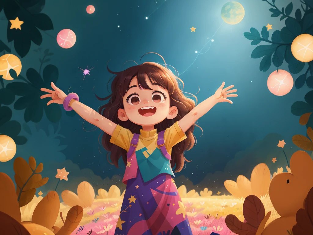 Luna surrounded by twinkling stars, her arms outstretched as she joins in their joyful game, blue, pink, pastel yellow, bright theme, HD, 4K