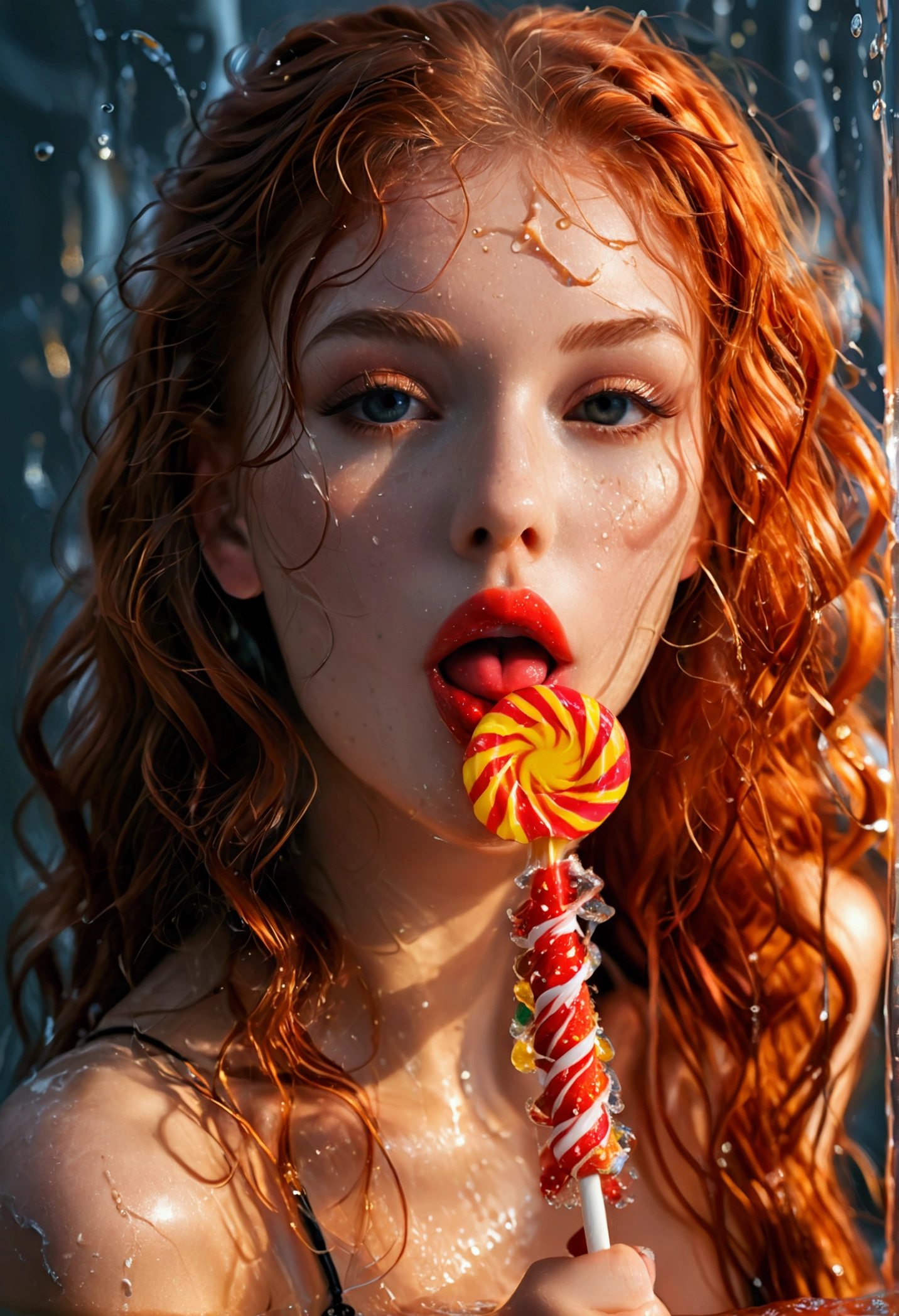 ultra realistic, photography, portrait, upper torso, red haired girl, 20 years old, hourglass figure, perfect body, supermodel, long legs, her wet tongue licking a long spiral lollipop, seductive look, long eyelashes