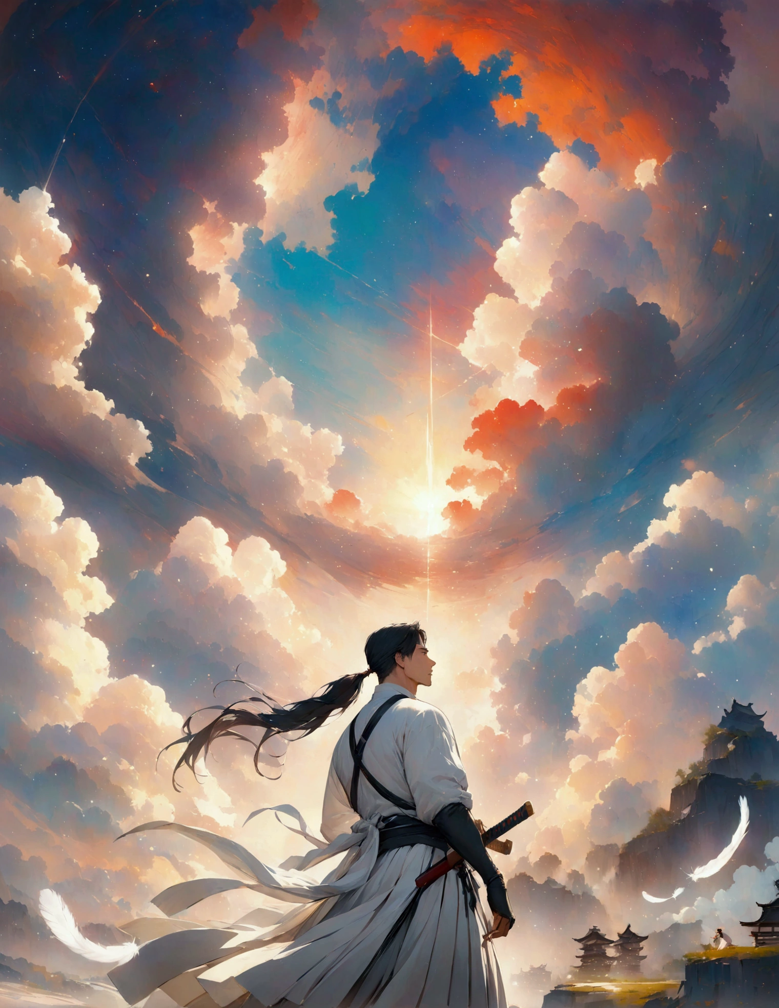 (masterpiece:1.3),(最high quality:1.4),(Very detailedな:1.5),High resolution,Very detailed,8k,artwork,High level of detail,rendering,high quality,Wide range of colors,A fantastic space where countless white feathers fall,Vivid light,(One man、profile),Landscape,Cool handsome guy,Swordsman、(White Hair)、Long hair that reaches down to the waist is tied in a single ponytail、White Hakama、白いSwordsmanの服装、((samurai)),There's a sword on his waist、Looking up with a blank look。