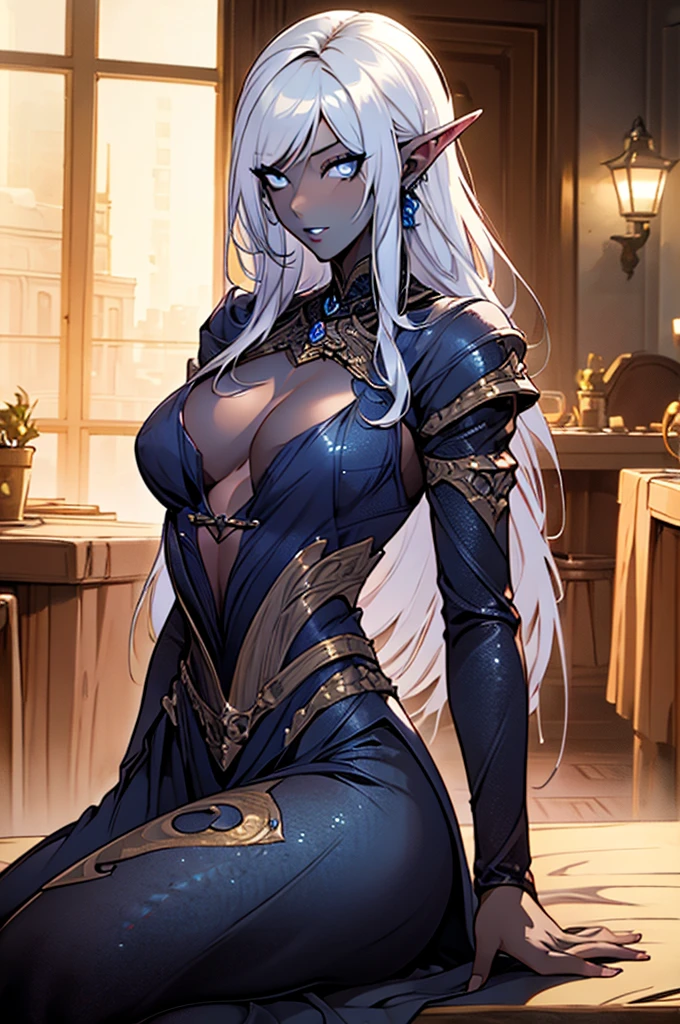 ((master piece)), ((very detailed, high quality)), dynamic angle, 1woman, solo, white long hair, wearing a long Dress, deep v dress, big beautiful blue eyes, beautiful body, blue eyes, big bust, (sexy, flirting), lips, drow, dark elf, pointy ears, ((grey skin, dark skin)), arrogant, ((bulge)), ((sitting in a tavern, talking to other people)),