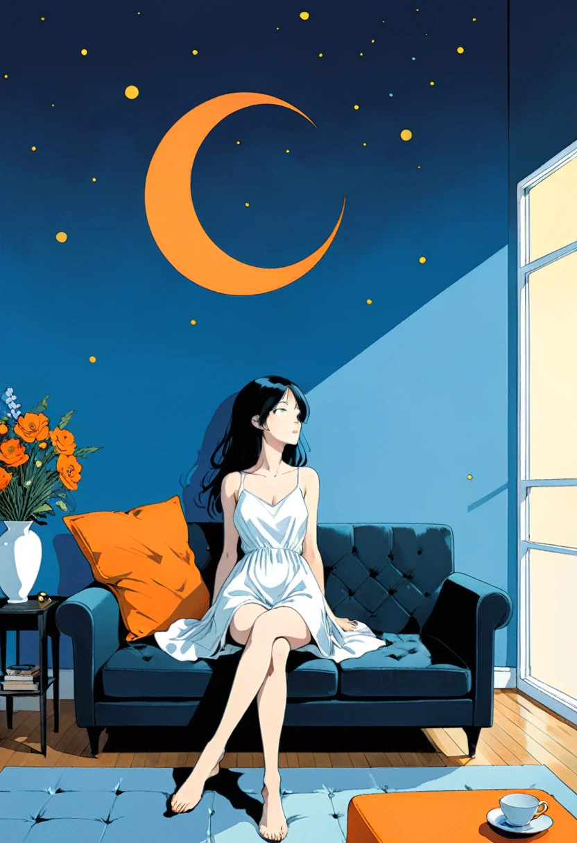 in style of Frank Miller,in style of Gary Grayson,in style of Quentin Blake,
1girl,indoors,long white dress,white head flowers,lie back on the couch,(relaxed body posture:1.5),long black hair,crossed_legs,
the background is a blue room with an orange false crescent,square windows,night,front view,(cowboy_shot:1.2),eyes_focus,(minimalist style illustration:1.4),(dynamic_pose:1.2),(fabric sofa:1.3),tilt your head,