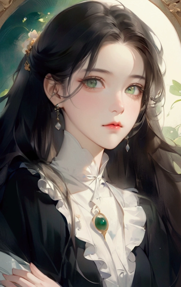 a painting of a woman with long hair wearing a black dress, in the art style of bowater, beautiful character painting, artwork in the style of guweiz, guweiz, beautiful anime portrait, guweiz masterpiece, inspired by Yanjun Cheng, by Yang J, detailed portrait of anime girl, by Ye Xin, high quality portrait, green eye