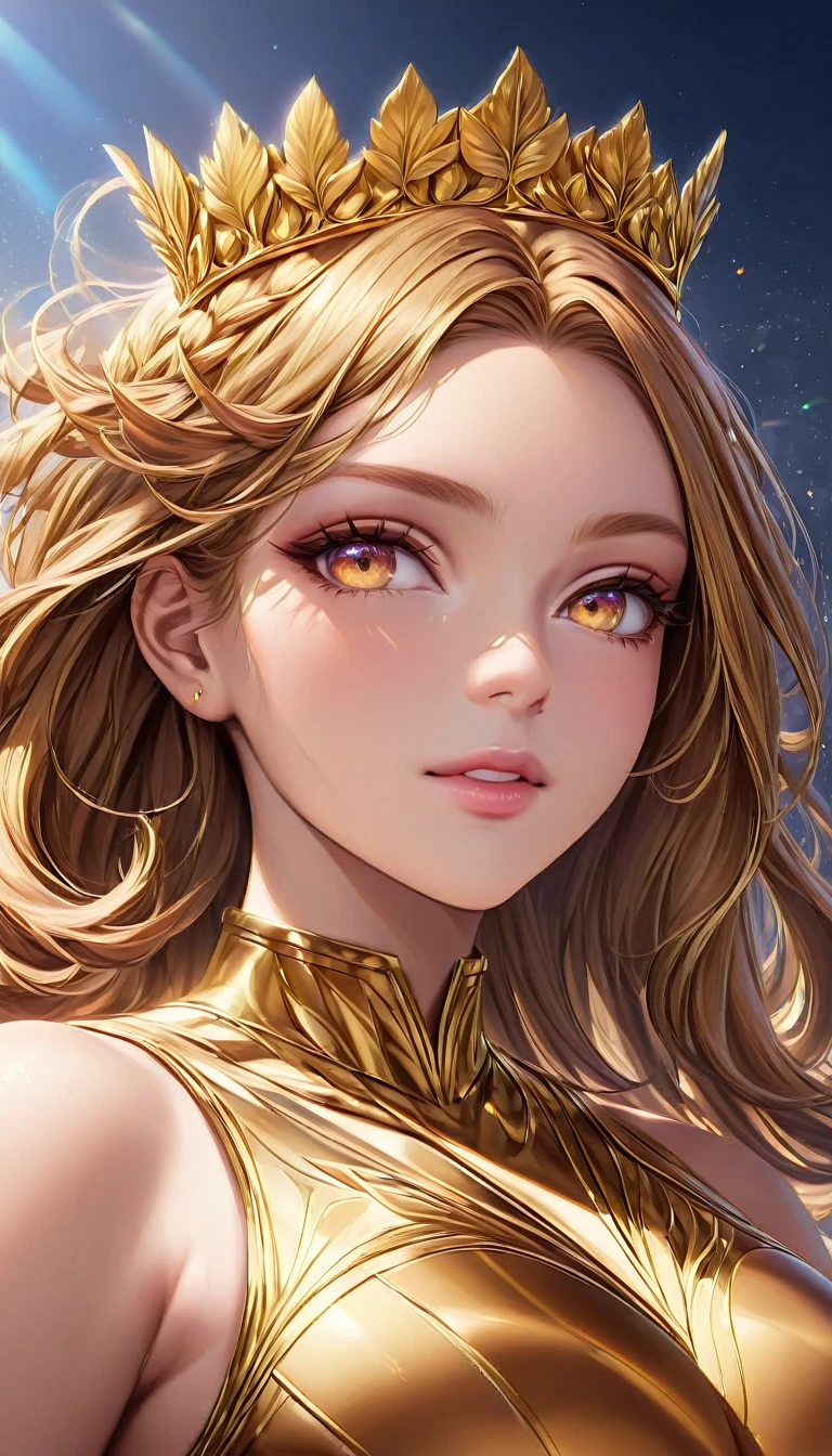 a facial portrait of a female athlete Olympic games winner wearing laurel leave crown and wearing gold medal, sense of excitement, a sense of ultimate triumph against all odds, she won the gold medal, (ultra detailed face: 1.2),  dynamic hair style, dynamic hair color, dynamic skin complexion, Hyperrealism style, vibrant, Ultra-high resolution, High Contrast, (masterpiece:1.5), highest quality, Best aesthetics), best details, best quality, highres,  16k, [ultra detailed], masterpiece, best quality, (extremely detailed) RAW, photograph