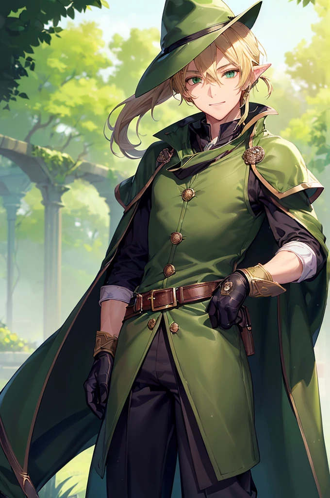 (((masterpiece; best quality: 1.2))), (finely detailed eyes: 1.3), (25 year old elf man), (solo), (green eyes: 1.4), (body; toned, fit, masculine: 1.3), (silky blonde hair in low ponytail: 1.3), (beautiful and clear background: 1.2), ((depth of field)), (equipment: adventurer garb + modest + elegant wide-brimmed hunter hat + dark overcoat + dark long cape + black pants + gloves + belt + pouches: 1.3), (anime illustration: 1.2), (background composition; royal garden: 1.1), (extremely fine and handsome: 1.1), (shot composition; standing + centered on torso + close-up: 1.5), (expression; calm, smile: 1.2)