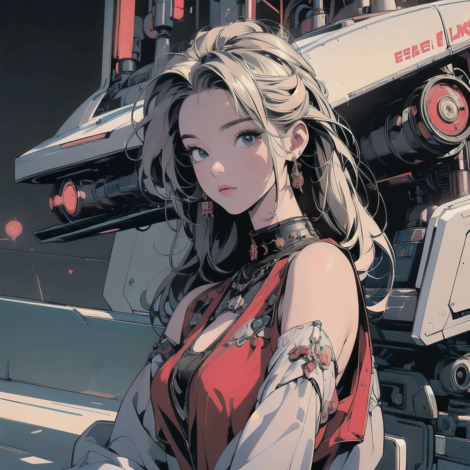 (((masterpiece, Highest quality)))、(((32K Wallpapers)))、The most detailed machine、(((The most complete and detailed red futuristic machine and a woman)))、The most detailed background、(((Flat Chest)))、(((Surrounded by many complex, sophisticated, futuristic machines)))、head shot,((((more various angle))))、A perfect machine、(((Completed and detailed beautiful face)))、(((The most complete machine of the future)))、Detailed Hair、anime、mysterious、(((Dull colors)))、(((highlight)))