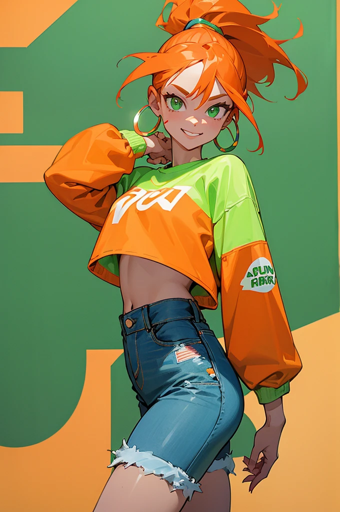 1female, vivid orange hair, styled in a high ponytail, emerald green eyes, energetic smile, small silver hoop earrings, cropped white sweatshirt with graphic design, high-waisted denim shorts, colorful sneakers, urban street art background with vibrant murals, detailed face, hands to side, standing on path