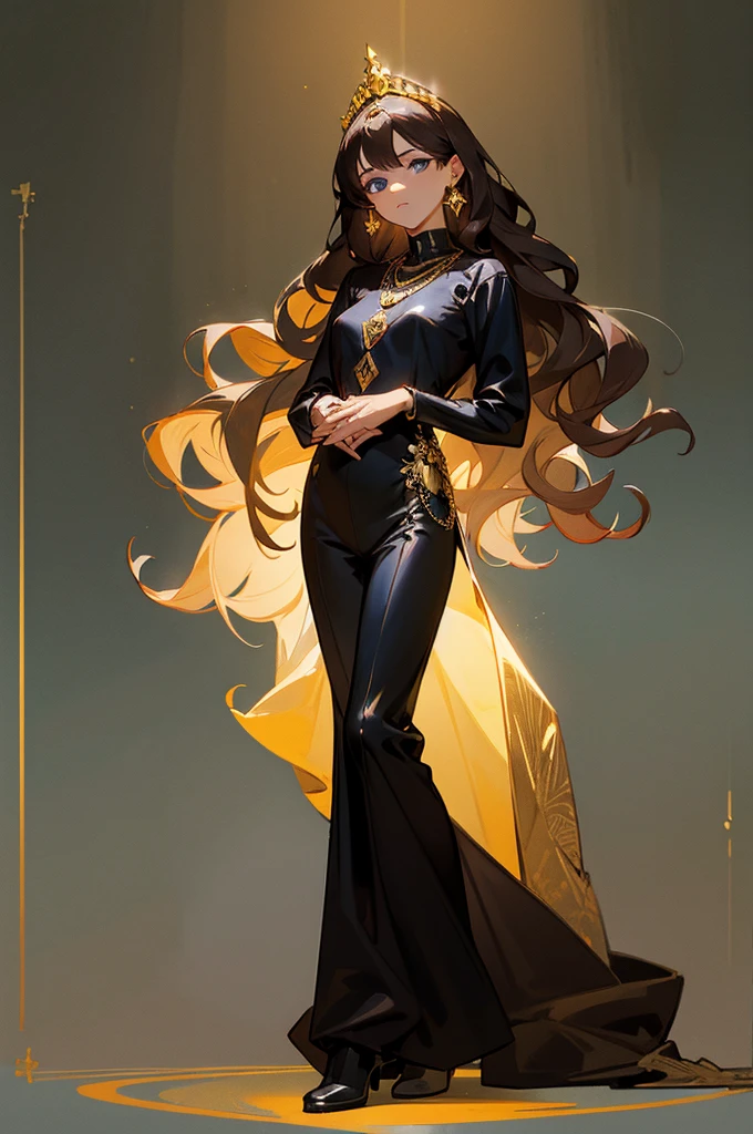 1female, dark brown hair, wavy and loose, deep blue eyes, calm and focused expression, delicate gold tiara, fitted black jumpsuit with subtle gold patterns, soft leather ankle boots, minimalist silver necklace, moonlit garden background with blooming flowers, detailed face, hands to side, standing on path