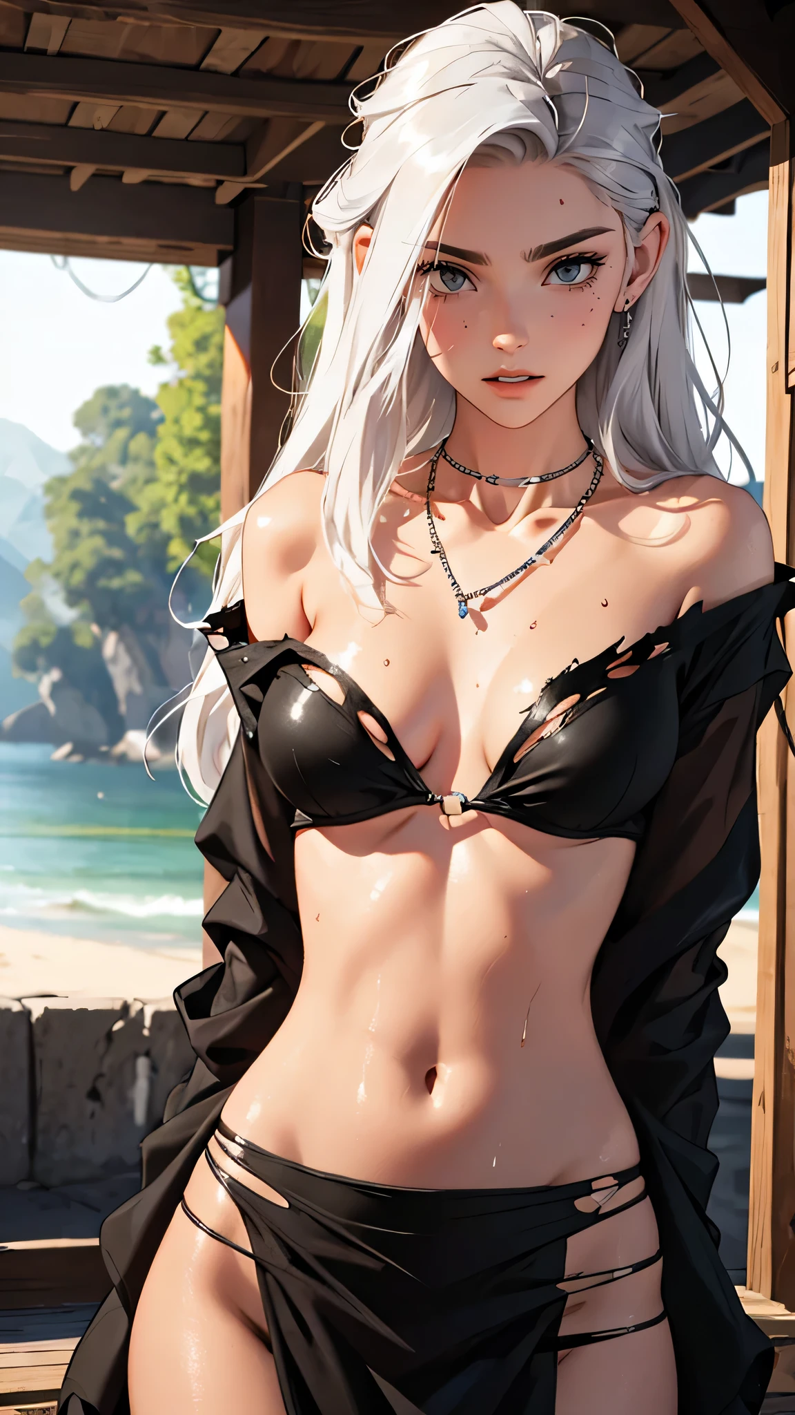 （lifelike， high - resolution：1.3）， 1 girl with a perfect body，slender body, Super fine face and eyes，assasin, dark makeup, shiny skin，white hair, (toned stomach)，Expose cleavage, (bracelets, tooth jewelry, a lot of necklaces, very long necklaces, necklaces down to stomach, body chains, waist chains), (post apocalyptic future, torn clothes, torn  to shreds leopard print dress), (wet skin, shiny skin)