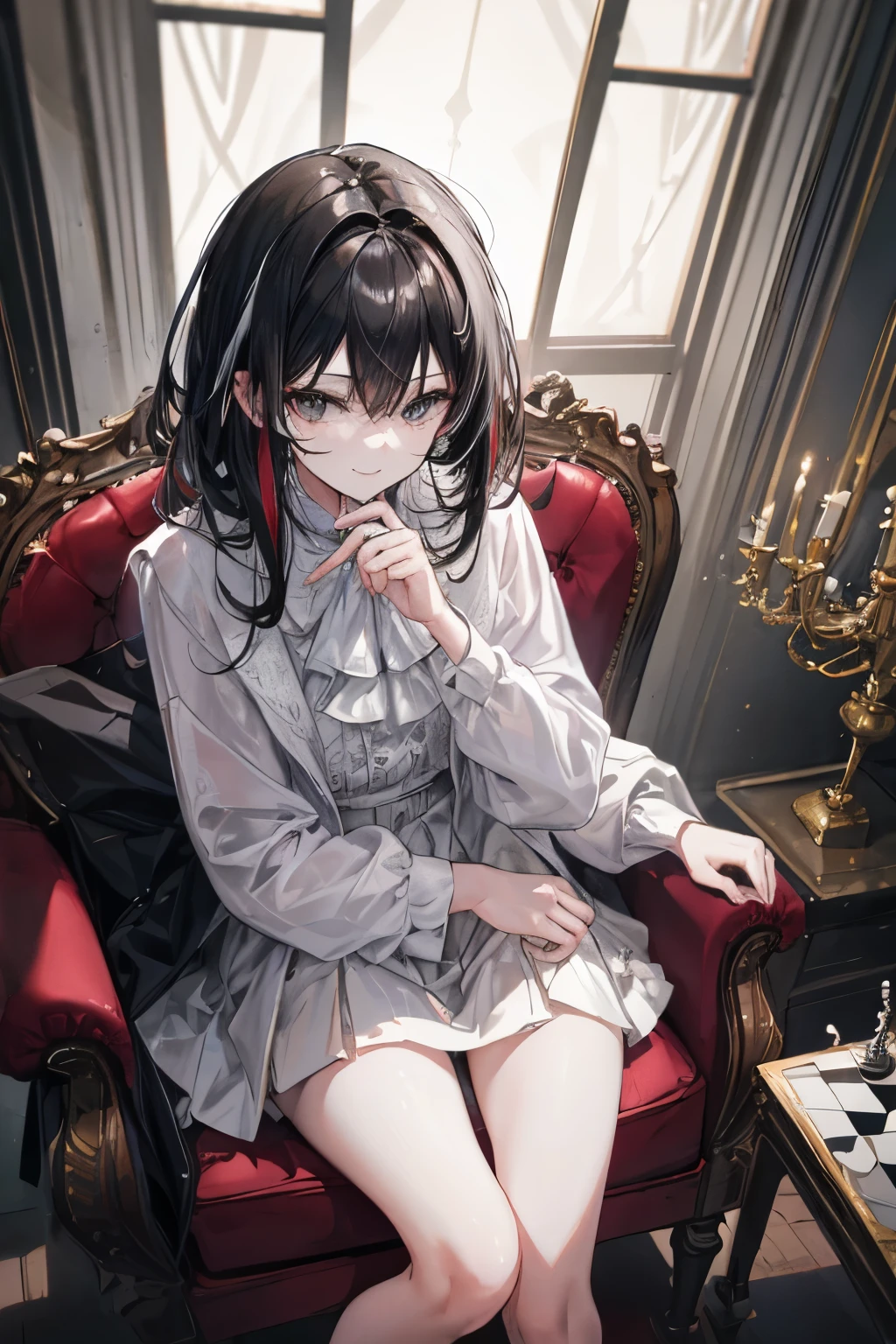 Character Description: A young woman with dark hair and a white streak, wearing a formal outfit that includes a short skirt. She has a sly smile and is holding a chess piece in one hand.
Pose: She is sitting in a luxurious, ornate chair, with one leg crossed over the other.
Background Setting: The background features a luxurious, dark, and sophisticated atmosphere.
Lighting: Dramatic lighting with high contrast to emphasize her features and create an engaging atmosphere.
Textures: Emphasize the textures in the clothing, the chair's fabric, and the chess piece to enhance realism.
Depth of Field: Shallow depth of field to focus on the character and slightly blur the background, enhancing the luxurious feel.
Color Grading: Warm, rich color grading to enhance the luxurious and sophisticated ambiance.
Sharpness and Clarity: High sharpness and clarity for crisp, clear details, especially on the character's face, hair, and clothing.
Detailing: Fine details such as subtle patterns on the clothing, intricate designs on the chair, and reflections on the chess piece.
Resolution: High resolution, aiming for an 8K quality image to ensure maximum detail and clarity.