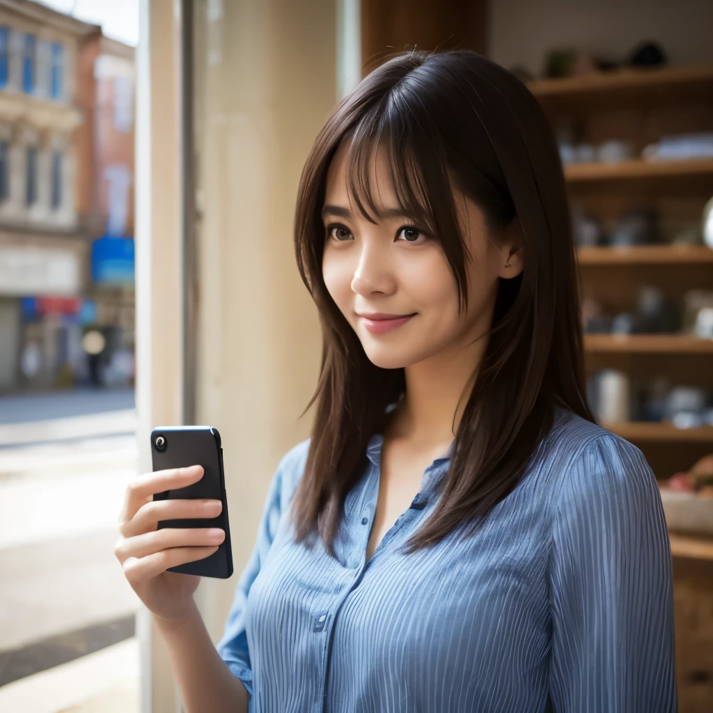 Photorealistic, Photorealistic, Photorealistic, Photorealistic, masterpiece, Highest quality, Super detailed, An illustration, Textured skin, Attention to detail, Highest quality, 8k, （Clear contours）, Middle-aged woman,　40 years old, Holding a smartphone in one hand:1.5, Striped blouse, smile:1.2, Shy, Shaggy Cut, Black Hair, Flipped Hair