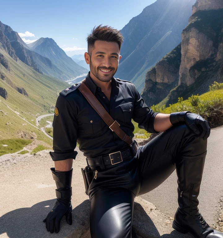 40 years old,One Man,Turkish Fighters,Cliff in the mountains、Sit with your legs wide open、Hold a gun,logic,Gay ,Short Hair、Stubble,Handsome、Fighting spirit、The crotch area is bulging。Shocker Belt、Black boots、Black gloves、Smile a little