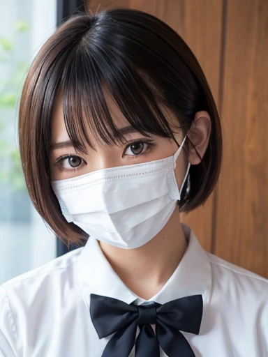 arafed woman medium short hair、Wearing a white maskする and tie with a bow tie, Wearing a white mask, (software) Safe at school, sakimichan, seifuku, Yoshitomo Nara, one single mask, shikamimi, sakimi chan, 2b ..., 2b, Chiho, Remove the mask, Wear a mask