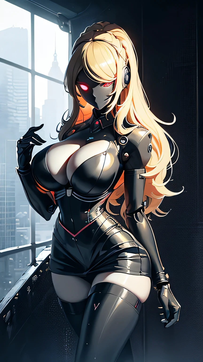 beautiful detailed female mafia boss, with cybernetic arms and legs, robotic hands and legs, mini skirt, long blonde hair, slender, large breast, massive cleavage exposed, huge buttock, walking in the highway arrogantly