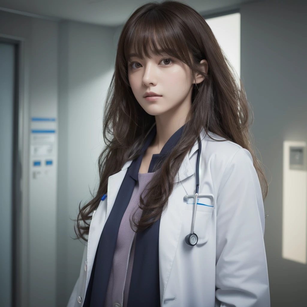 (RAW Photo, Best Quality, Masterpiece: 1.2), (Realistic, Realistic: 1.37), Ultra High Resolution, Photon Mapping, Physically Based Rendering, 1 doctor girl, doctor coat, long curly hair, bangs, standing, hospital,