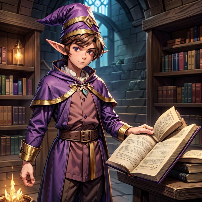 Young Gnome, Young man, Alchemist magician, magician, pointy ears, Barba outfit, Brown hair, tousled hair, tunica address, purple clothes, pointed hat, sorcery book, short stature, 4k, super detail