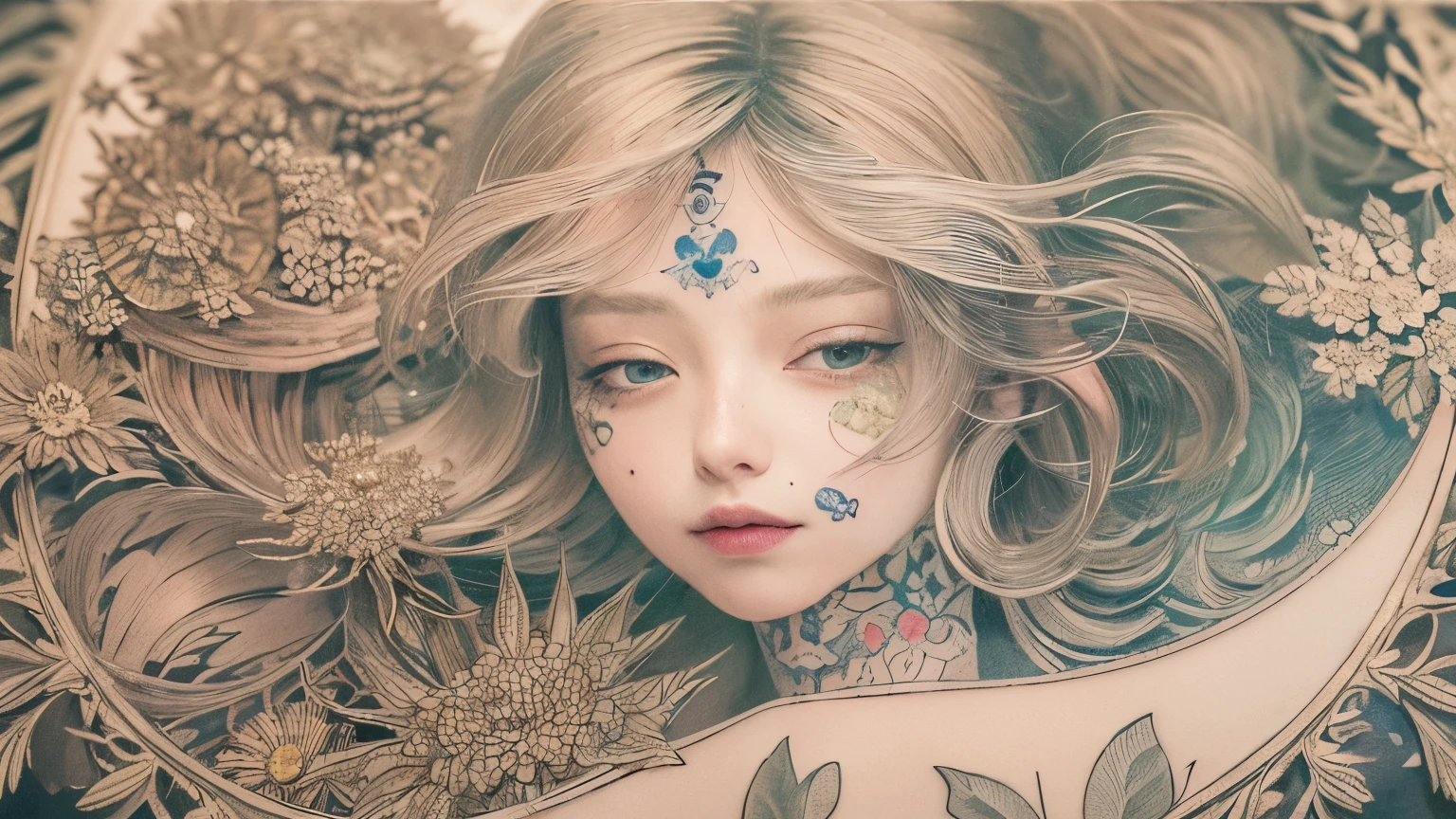 ((((masterpiece))), tattoo、Highest quality, An illustration, Beautiful details shine,
paper_cut, The details of a fragile girl&#39;s face captured on camera, wood, moon, butterfly,Wind、star、spider、Ladybug、centipede