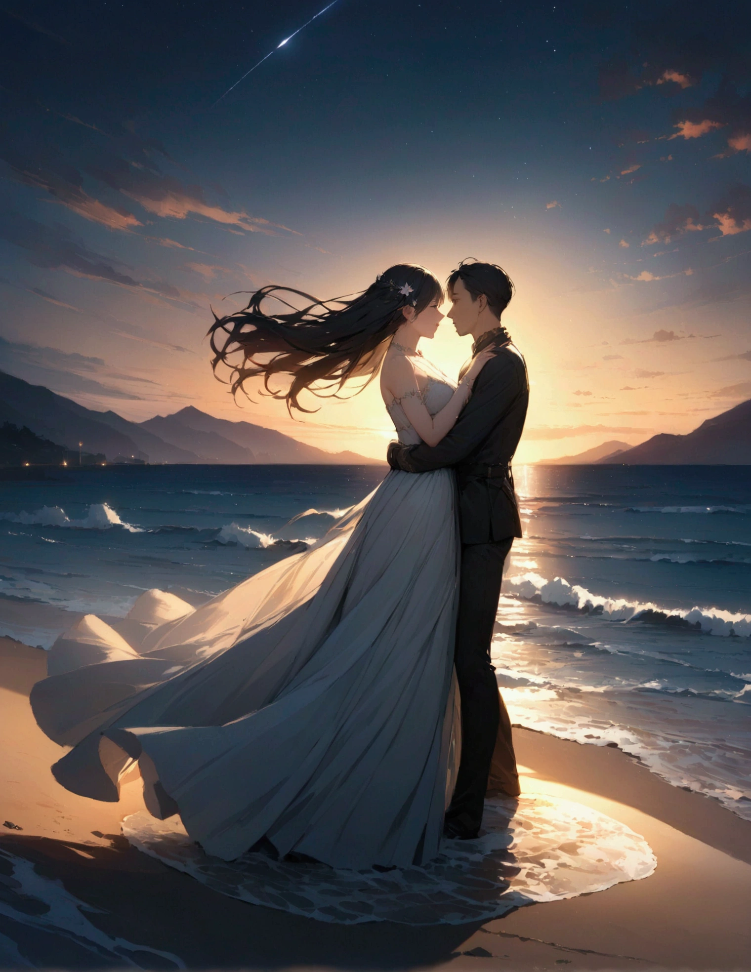 (masterpiece:1.3),(最high quality:1.4),(Very detailedな:1.5),High resolution,Very detailed,8k,artwork,High level of detail,rendering,high quality,Wide range of colors, The setting is a beach at night under the stars, One man and one woman dancing. The night is full of hope, And the moonlight illuminates the scene. Waves gently crash on the shore, Create a calm and magical atmosphere. " Narrative poem, Particle Effects, Dynamic Effects, Character border depth, Cinematic Light, Lens flare, Ray Tracing, Tabletop, Genuine , 超High resolution, Fantasy, Quiet and beautiful grassland, Vast land, Lakeside, Wonderful scenery, Beautiful natural scenery, Night Sky,