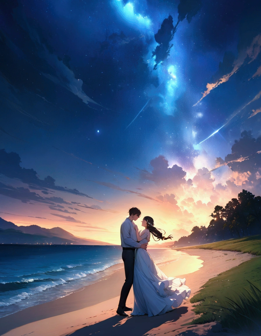 (masterpiece:1.3),(最high quality:1.4),(Very detailedな:1.5),High resolution,Very detailed,8k,artwork,High level of detail,rendering,high quality,Wide range of colors, The setting is a beach at night under the stars, One man and one woman dancing. The night is full of hope, And the moonlight illuminates the scene. Waves gently crash on the shore, Create a calm and magical atmosphere. " Narrative poem, Particle Effects, Dynamic Effects, Character border depth, Cinematic Light, Lens flare, Ray Tracing, Tabletop, Genuine , 超High resolution, Fantasy, Quiet and beautiful grassland, Vast land, Lakeside, Wonderful scenery, Beautiful natural scenery, Night Sky,