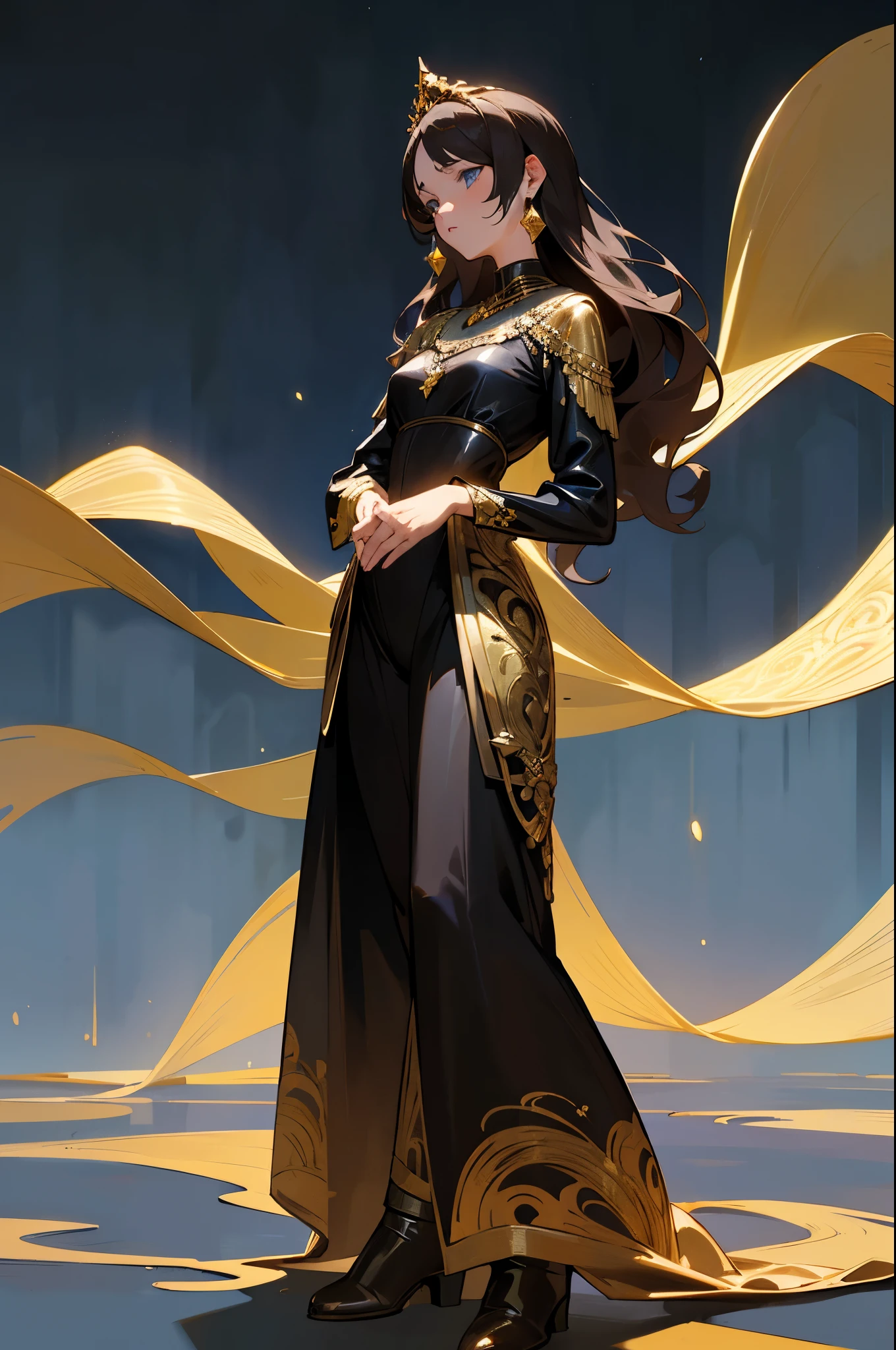 1female, dark brown hair, wavy and loose, deep blue eyes, calm and focused expression, delicate gold tiara, fitted black jumpsuit with subtle gold patterns, soft leather ankle boots, minimalist silver necklace, moonlit garden background with blooming flowers, detailed face, hands to side, standing on path