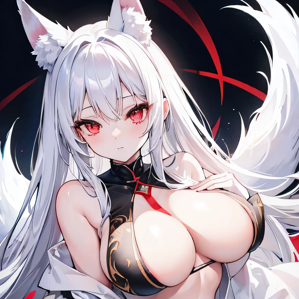 Silver hair, long hair, red eyes, cute face,sexy,nude , G_CUP(HUGE_BREASTS) , White fox ears, nine white fox tails, There is a white fox mask on the top right of the head  