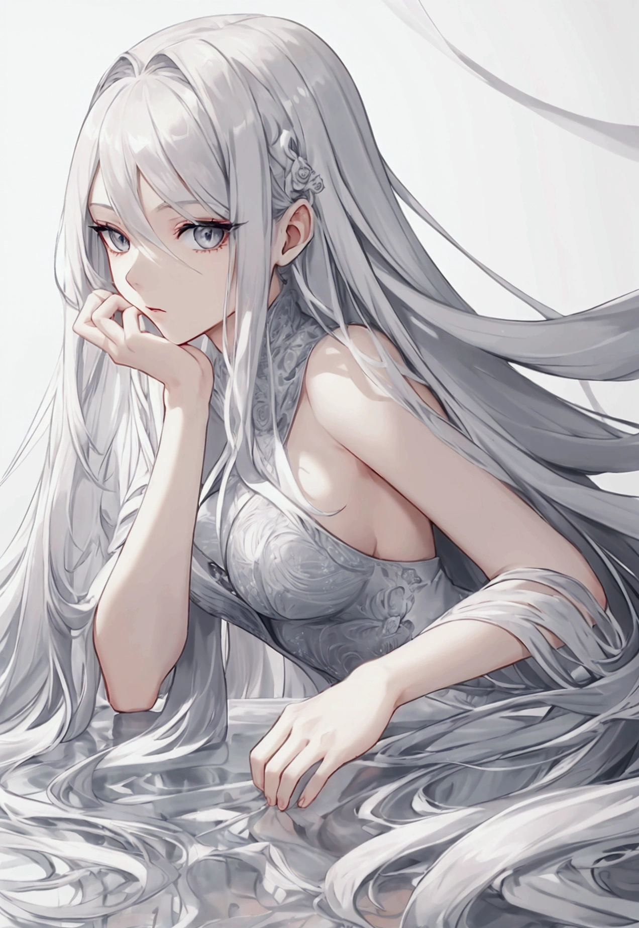 Long flowing white hair, expressive grey eyes, slim,elegant dress,8k, best quality, high resolution.