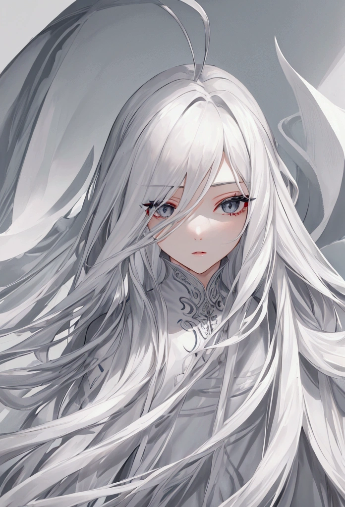 Long flowing white hair, expressive grey eyes, slim,elegant dress,8k, best quality, high resolution. 