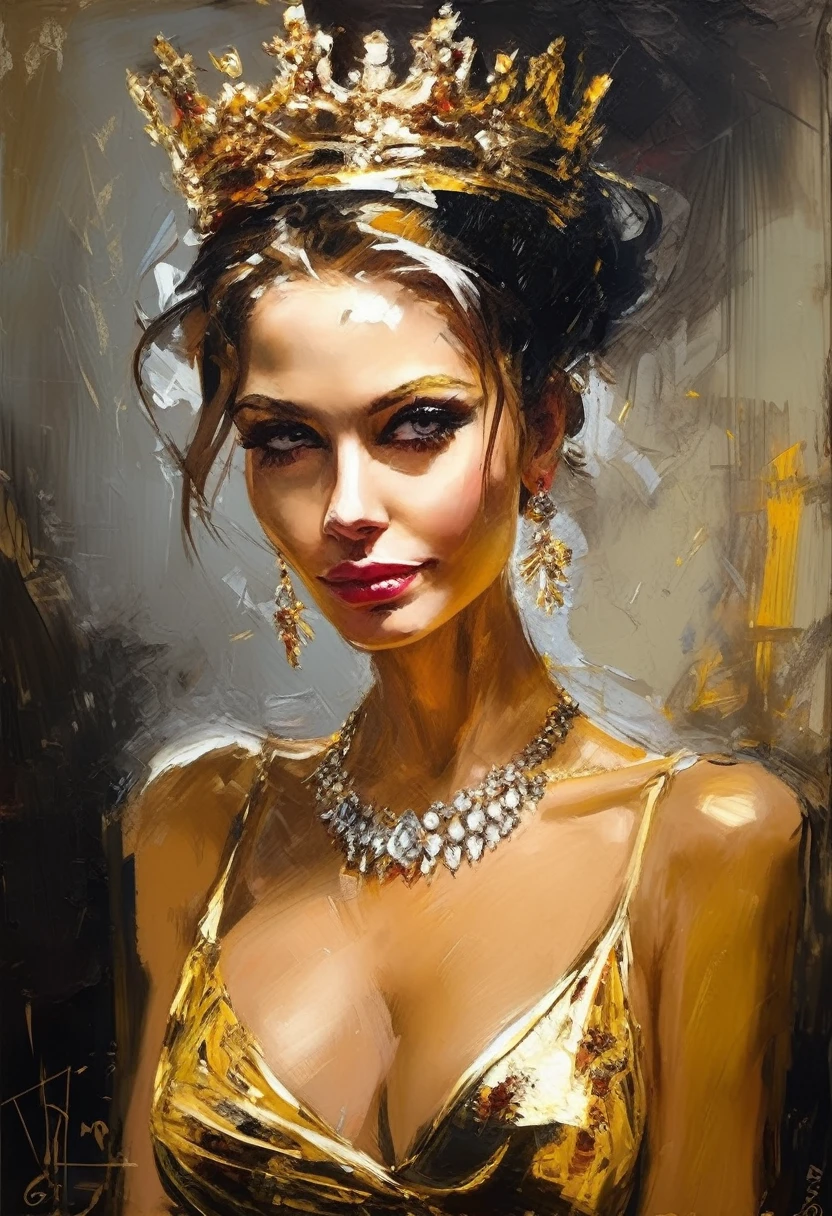 Andrew Atroshenko Style - The Queen of The Sparkling Kingdom of Gold as a painting, cleavage