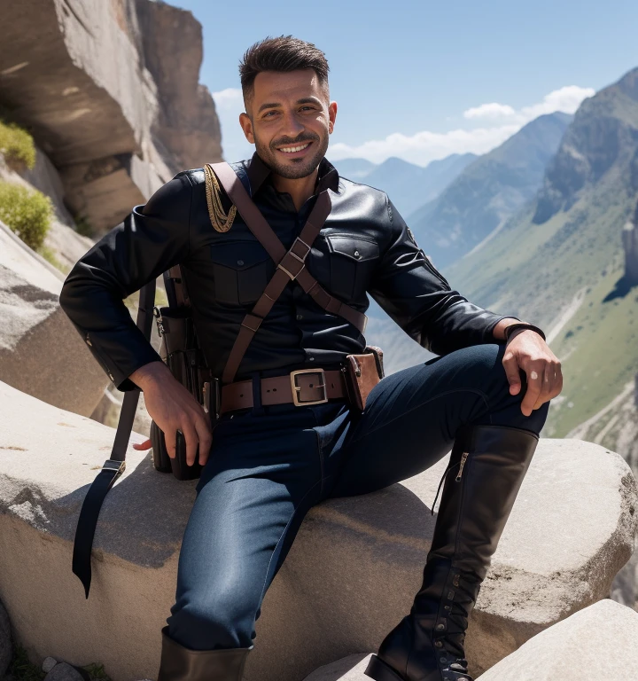 40 years old,One Man,Turkish Fighters,Cliff in the mountains、Sit with your legs wide open、Hold a gun,logic,Gay ,Short Hair、Stubble,Handsome、Fighting spirit、The crotch area is bulging。Shocker Belt、Black boots、Black gloves、Smile a little