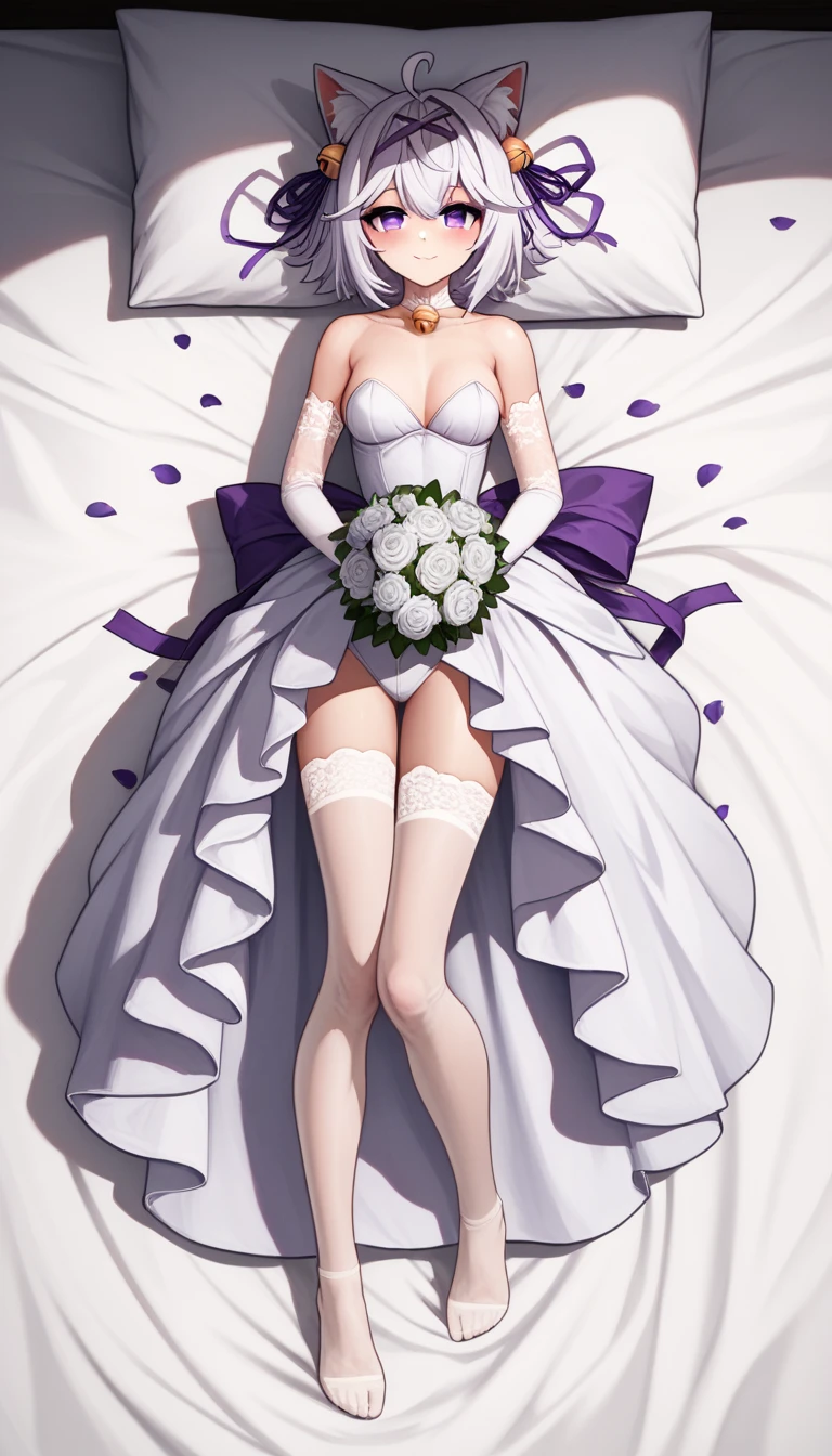 UHD, masterpiece, best quality, midnight, artificial lighting, soft light, diffuse light, shade, messy bed, lying on bed, 1girl, solo, Filian, fox tail, cat ears, white hair, short hair, ahoge, hairclip, hair bell, big round eyes, deep purple eyes, ((dark purple eyes)), blush, seductive smile, a-line wedding dress, white lace arm sleeve, white gloves, white lace stockings, slim arms, slim legs, Eye-Level Shot, holding bridal bouquet with purple ribbon , ((hidden hand)), front light, no shadow, full body pose, innocent pose, front view, scattered petals, body pillow style, dakimakura