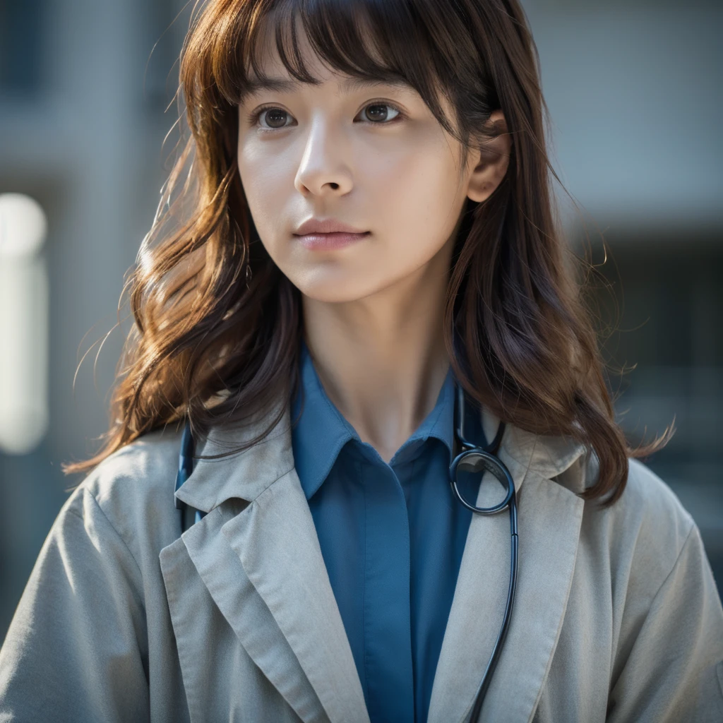 (RAW Photo, Best Quality, Masterpiece: 1.2), (Realistic, Realistic: 1.37), Ultra High Resolution, Photon Mapping, Physically Based Rendering, 1 doctor girl, doctor coat, long curly hair, bangs, standing, hospital,