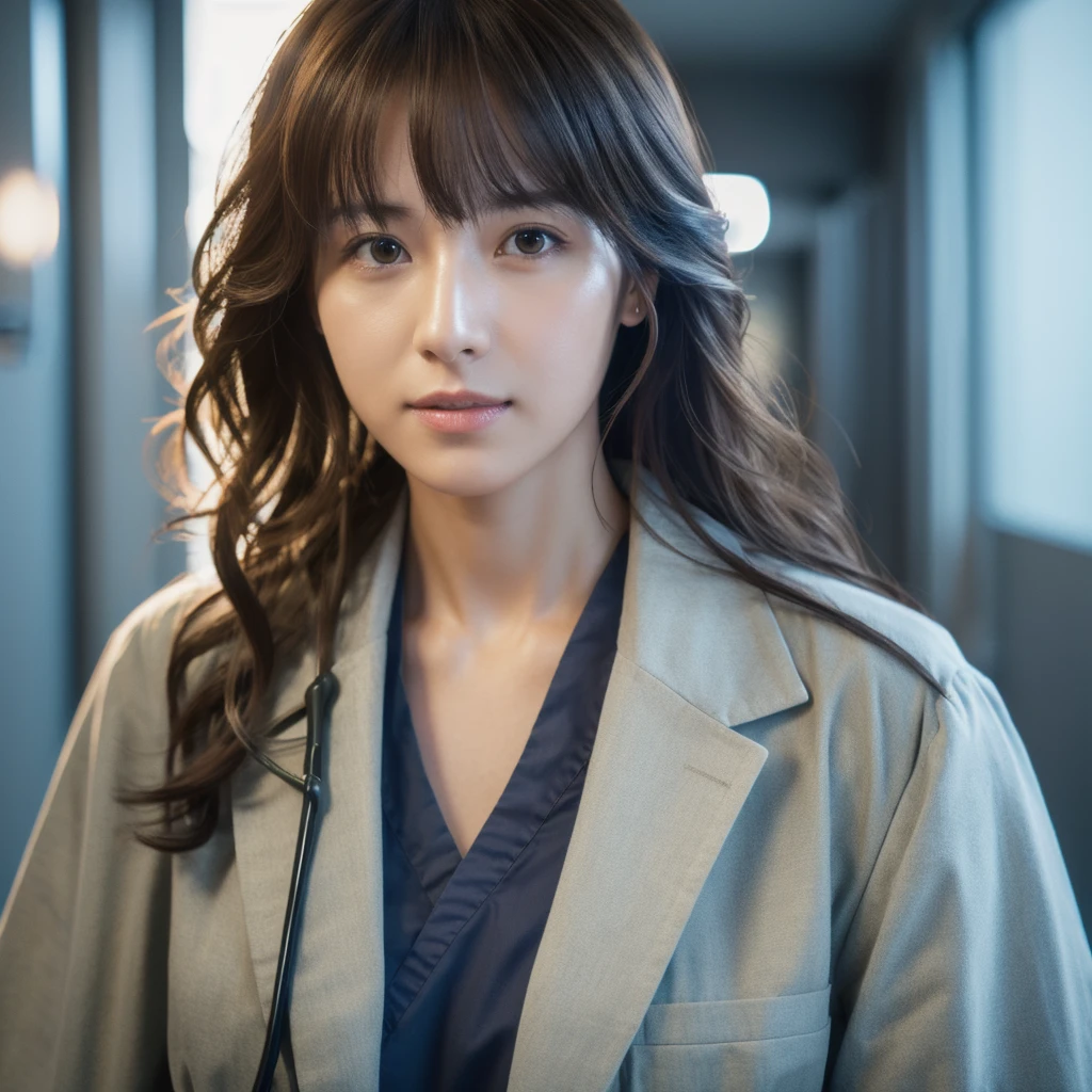 (RAW Photo, Best Quality, Masterpiece: 1.2), (Realistic, Realistic: 1.37), Ultra High Resolution, Photon Mapping, Physically Based Rendering, 1 doctor girl, doctor coat, long curly hair, bangs, standing, hospital,