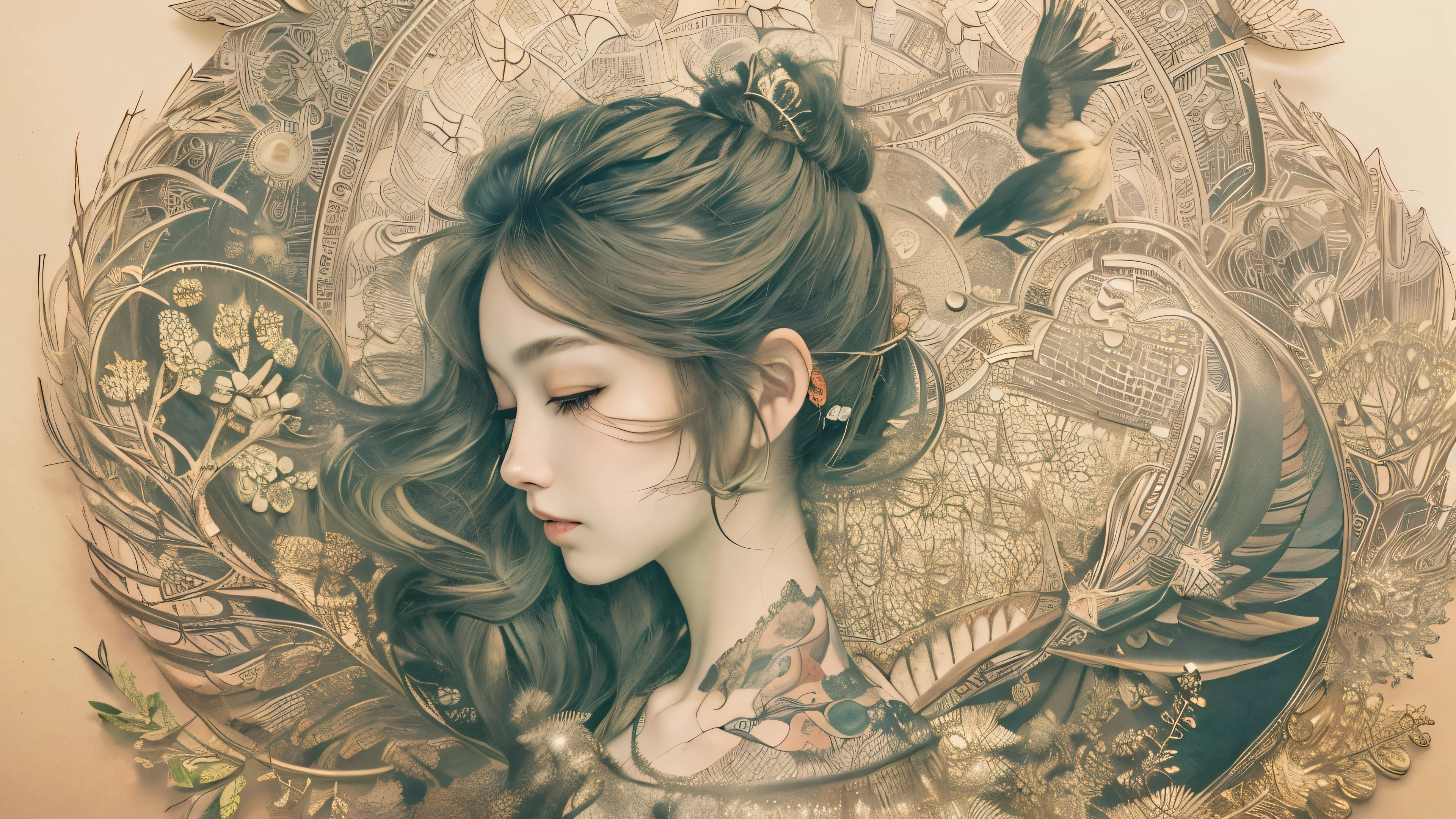 ((((masterpiece))), tattoo、Highest quality, An illustration, Beautiful details shine,
paper_cut, The details of a fragile girl's face captured on camera, wood, moon, butterfly,Wind、star、spider、Ladybug、centipede