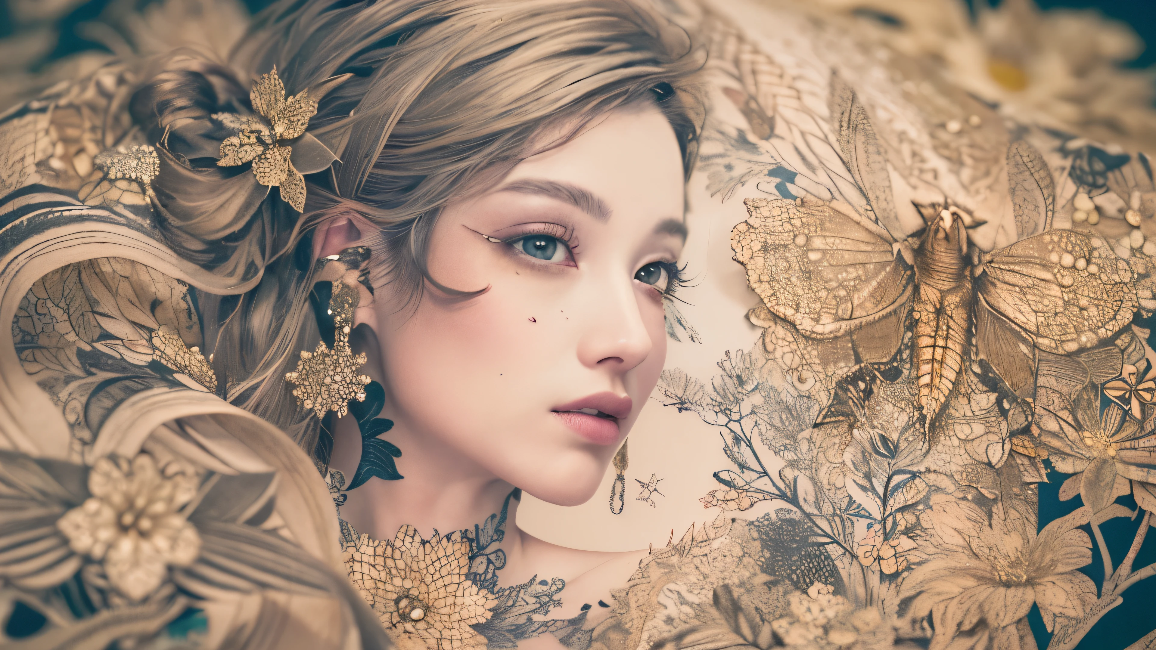 ((((masterpiece))), tattoo、Highest quality, An illustration, Beautiful details shine,
paper_cut, The details of a fragile girl's face captured on camera, wood, moon, butterfly,Wind、star、spider、Ladybug、centipede