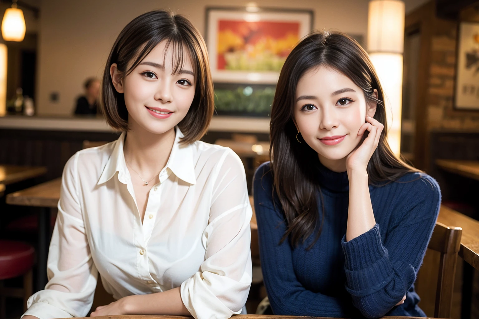 ((Highest quality、8k、masterpiece:1.3))、slimカップル、modelカップル、(Realistic, Intricate details:1.2), full-course dinner、wine 、Amazing view of the sunset sky and clouds、A bright smile、The wonderfulness of smile、Bright image、wineの美しさ, Beautiful Face, blue eyes, The light shines on your face, blush, short hair,Bright Face、 (Age 37), 39 years old, 赤wine 、Appetizers、Italian food、wine bottle、Champagne、スパークリングwine、Two beauties、Brown Hair、Shortcuts、Long sleeve shirt、dress、Beautiful woman 1, (slimな顔), (The body is slim), (Brown Hair), (Shortcuts), cheeks turn a little red,Attractive beauty、restaurant, In a prominent place (From the waist up) Nova Frog Style, actress, model, Upper Body, 白wine, slim, wineグラス, 中央に置かれたwineグラス, smile, (smile: 1.15), Beautiful fine grain, Depth f/2,saturation, High Contrast, Strong light and shadow,Moist Body:1.5、3D texture、Delicate eyes、Brown Hair、The hair is very shiny、