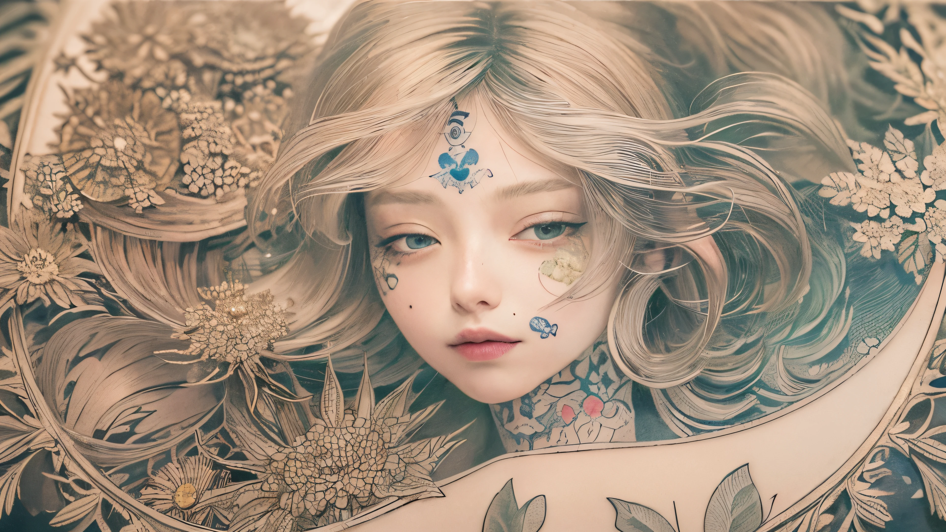 ((((masterpiece))), tattoo、Highest quality, An illustration, Beautiful details shine,
paper_cut, The details of a fragile girl&#39;s face captured on camera, wood, moon, butterfly,Wind、star、spider、Ladybug、centipede