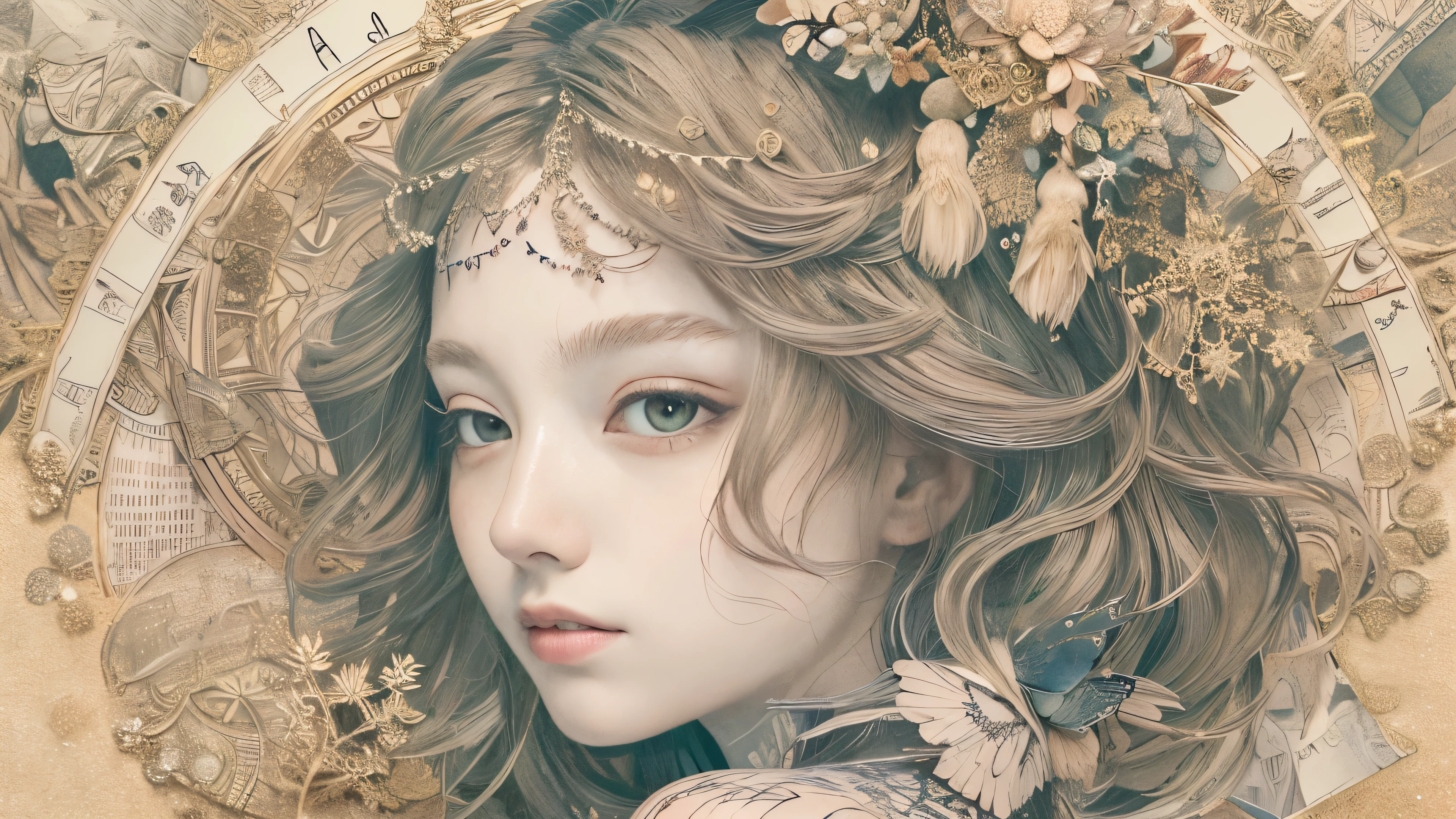 ((((masterpiece))), tattoo、Highest quality, An illustration, Beautiful details shine,
paper_cut, The details of a fragile girl's face captured on camera, wood, moon, butterfly,Wind、star、spider、Ladybug、centipede