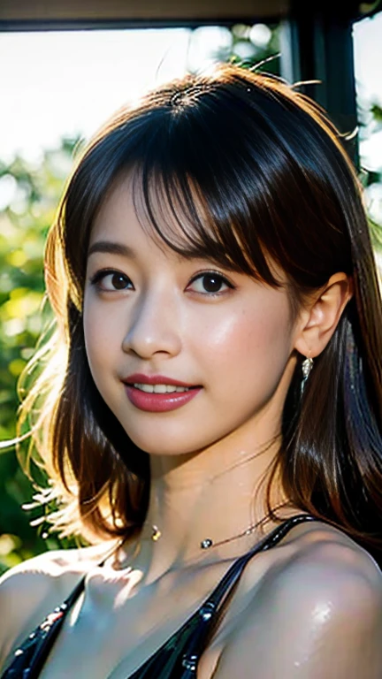 ((table top, highest quality, High resolution, nffsw, perfect pixel, Depth of written boundary, 4K, nffsw, nffsw))), 1 girl, single, alone, beautiful anime girl, beautiful art style, anime character, ((curl hair outward, bangs, brown hair)), ((green eyes:1.4, round eyes, beautiful eyelashes, realistic eyes)), ((detailed face, blush:1.2)), ((smooth texture:0.75, realistic texture:0.65, realistic:1.1, Anime CG style)),  dynamic angle, ((Black shiny patterned micro bikini, Snazzy, 1 diamond necklace)), smile,  hotel pool ,evening