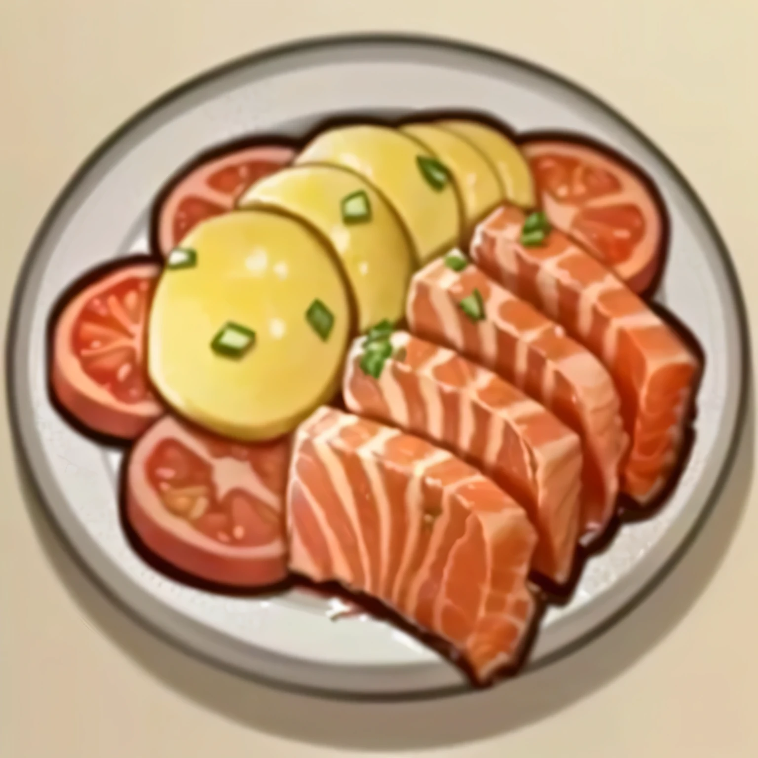 There is a plate of food，Meat and potatoes on top, Anime Food, salmon, delicious food, cooking, gourmet cooking, served On the plate, And a piece of tomato, salmon khoshroo, On the plate, cooking show, dinner food, Service recommendations, cooked, Katagiichi, Best Chef, mouth watering, Patty, delicious