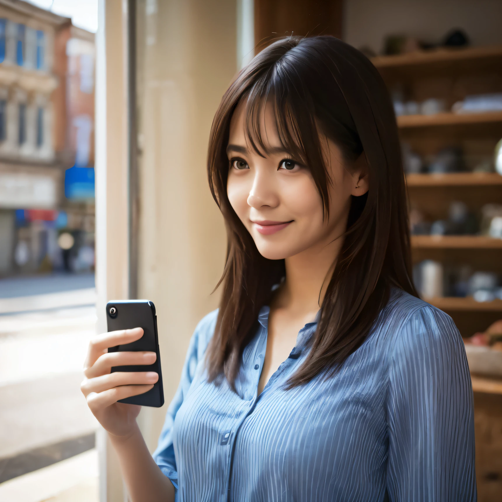 Photorealistic, Photorealistic, Photorealistic, Photorealistic, masterpiece, Highest quality, Super detailed, An illustration, Textured skin, Attention to detail, Highest quality, 8k, （Clear contours）, Middle-aged woman,　40 years old, Holding a smartphone in one hand:1.5, Striped blouse, smile:1.2, Shy, Shaggy Cut, Black Hair, Flipped Hair