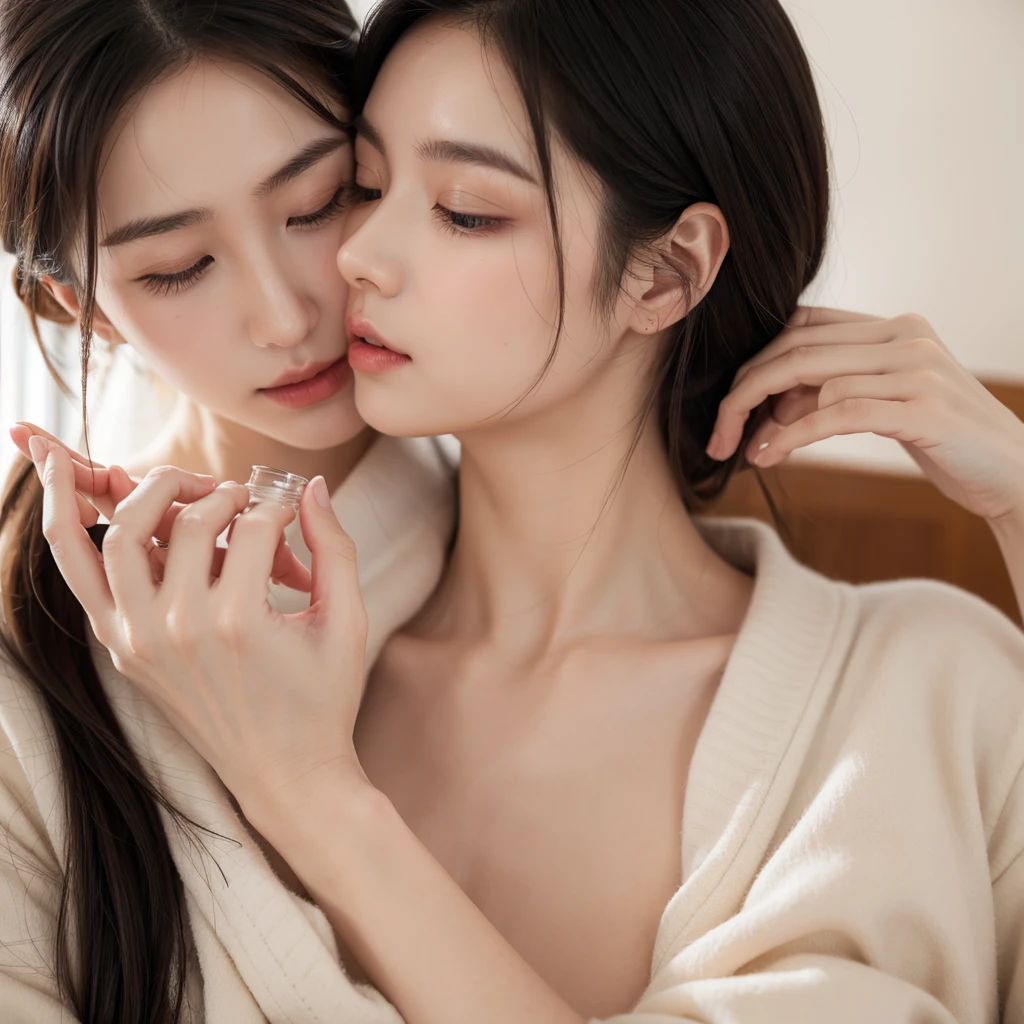 (face focus:1.4),japanese idols,beautiful face,beautiful girls lying on  stomach and licking penis,blowjob,fellatio,penis between girls,laughing,look at viewer,restroom,bukkake,close up,