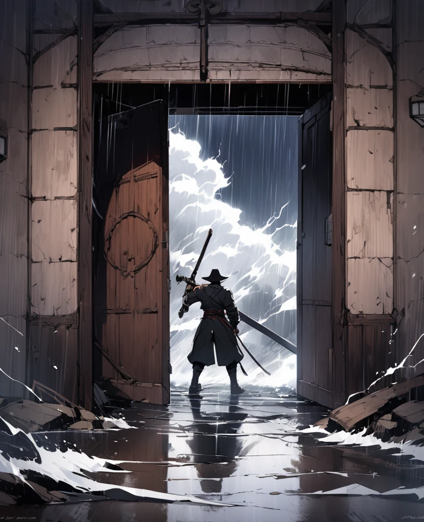A huge door,storm,A swordsman,dark