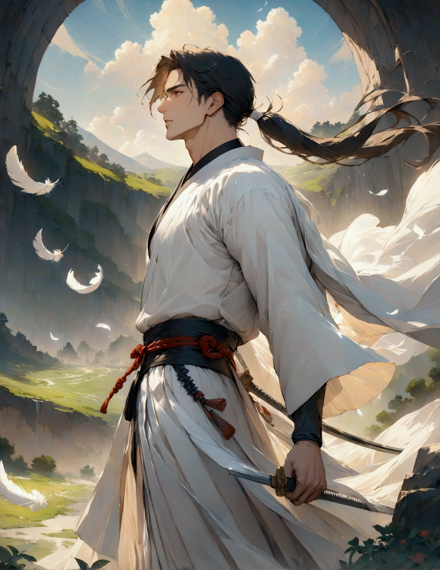 (masterpiece:1.3),(最high quality:1.4),(Very detailedな:1.5),High resolution,Very detailed,8k,artwork,High level of detail,rendering,high quality,Wide range of colors,A fantastic space where countless white feathers fall,Vivid light,（One man、profile),Landscape,Cool handsome guy,Swordsman、(White Hair)、Long hair that reaches down to the waist is tied in a single ponytail、White Hakama、白いSwordsmanの服装、((samurai)),There&#39;s a sword on his waist、Looking up with a blank look。