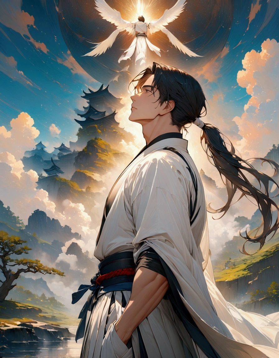 (masterpiece:1.3),(最high quality:1.4),(Very detailedな:1.5),High resolution,Very detailed,8k,artwork,High level of detail,rendering,high quality,Wide range of colors,A fantastic space where countless white feathers fall,Vivid light,(One man、profile),Landscape,Cool handsome guy,Swordsman、(White Hair)、Long hair that reaches down to the waist is tied in a single ponytail、White Hakama、白いSwordsmanの服装、((samurai)),There's a sword on his waist、Looking up with a blank look。