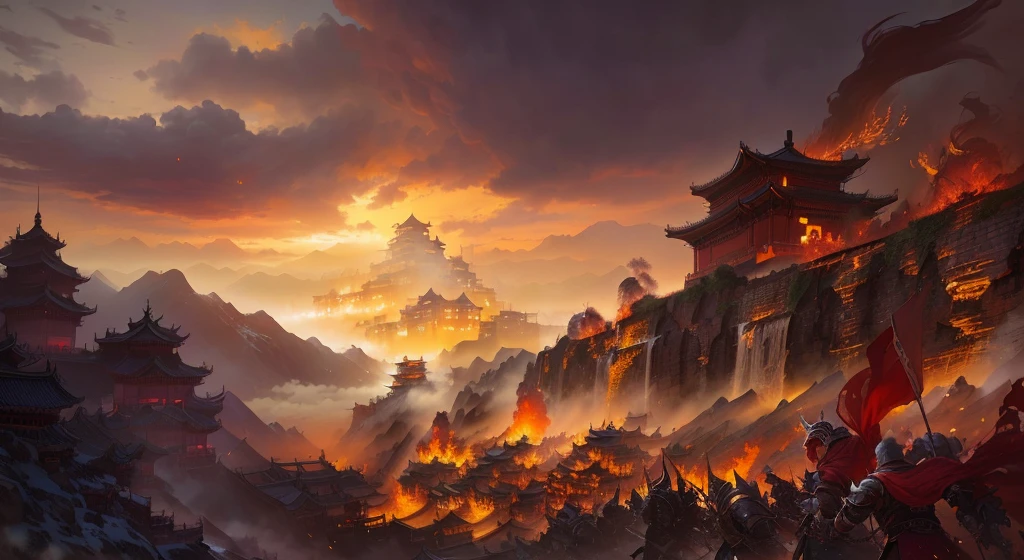 War image with castle in the background, An ancient Chinese city engulfed in fire, Andreas Rocha's style, author:Yang J, epic fantasy artwork, Beautiful rendering of the Tang Dynasty, Inspired by Fenghua Zhong, author:Fan Qi, Nguyen Gia, by Qu Leilei, by Feng Zhu, Epic Fantasy Game Art