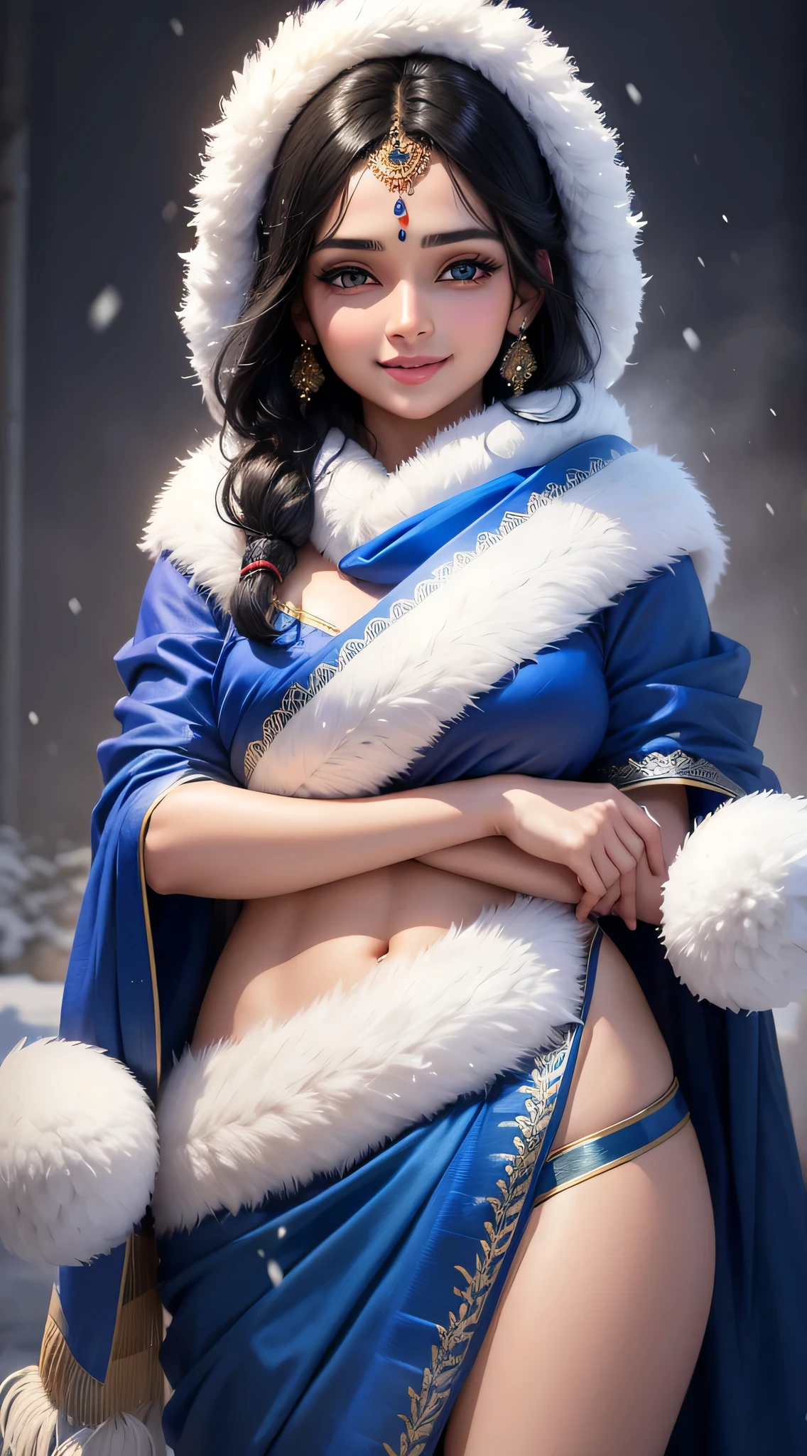 Beautiful indian girl black hair smile face dream full eyes come form heaven blue saree snow fall background nurturescape midnight ultra realistic 8k